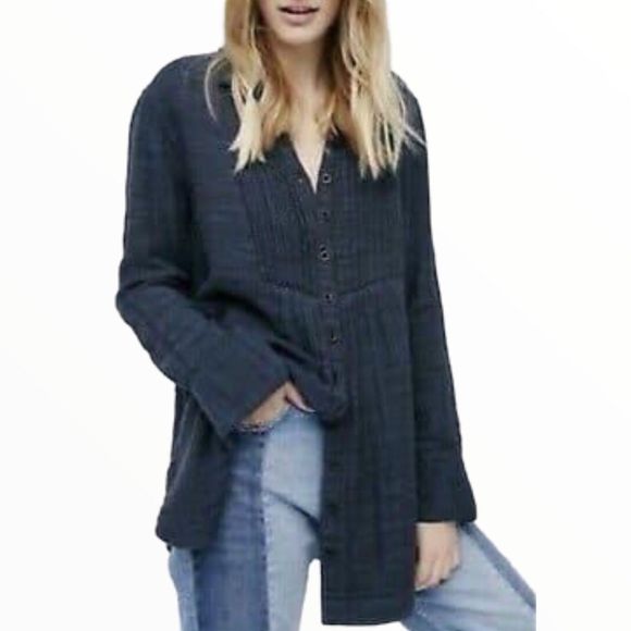 Free People Tops - Free People Navy Plaid Flannel Button Down Long Sleeve Shirt Top size XS